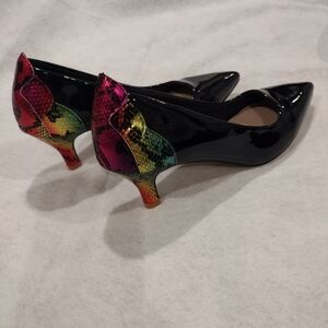Elegant Black PVC Dress Shoes With A Multicolor Faux Rainbow Snakeskin Heel